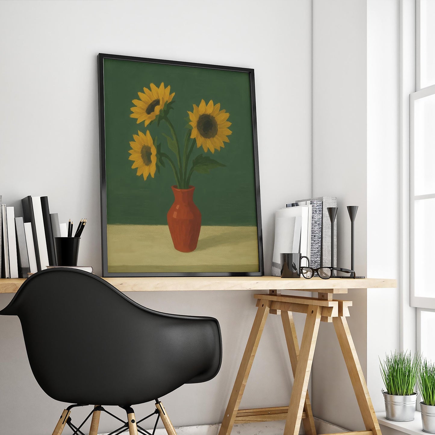 Sunflowers Wall Art – Bright Floral Print With Red Vase Artwork | Rustic Kitchen Decor