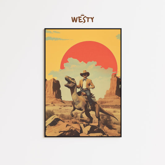 Cowboy Riding Dinosaur Poster – Retro Wild West Art Print