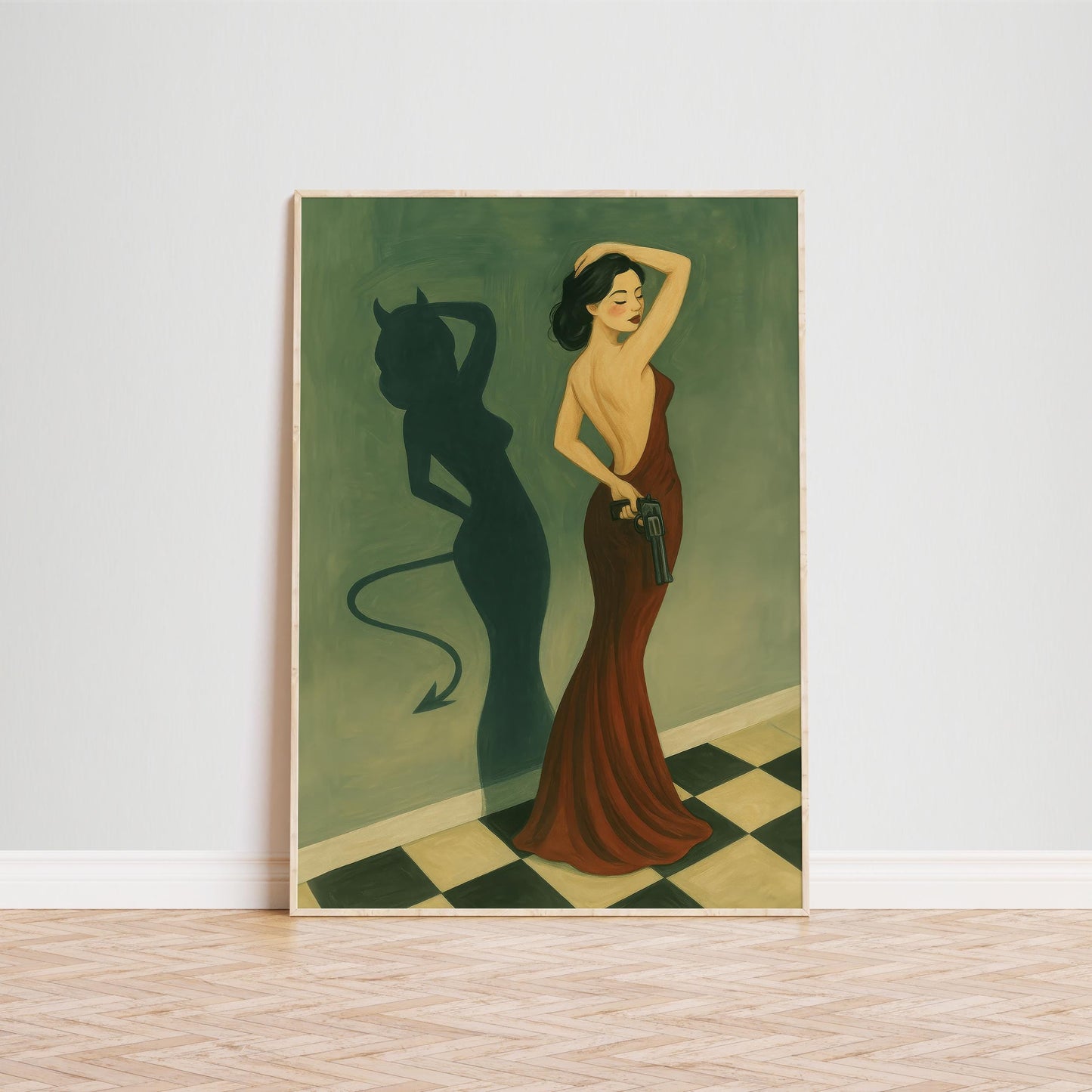 Femme Fatale Wall Art – Red Dress Shadow Art Poster | Noir Inspired Decor