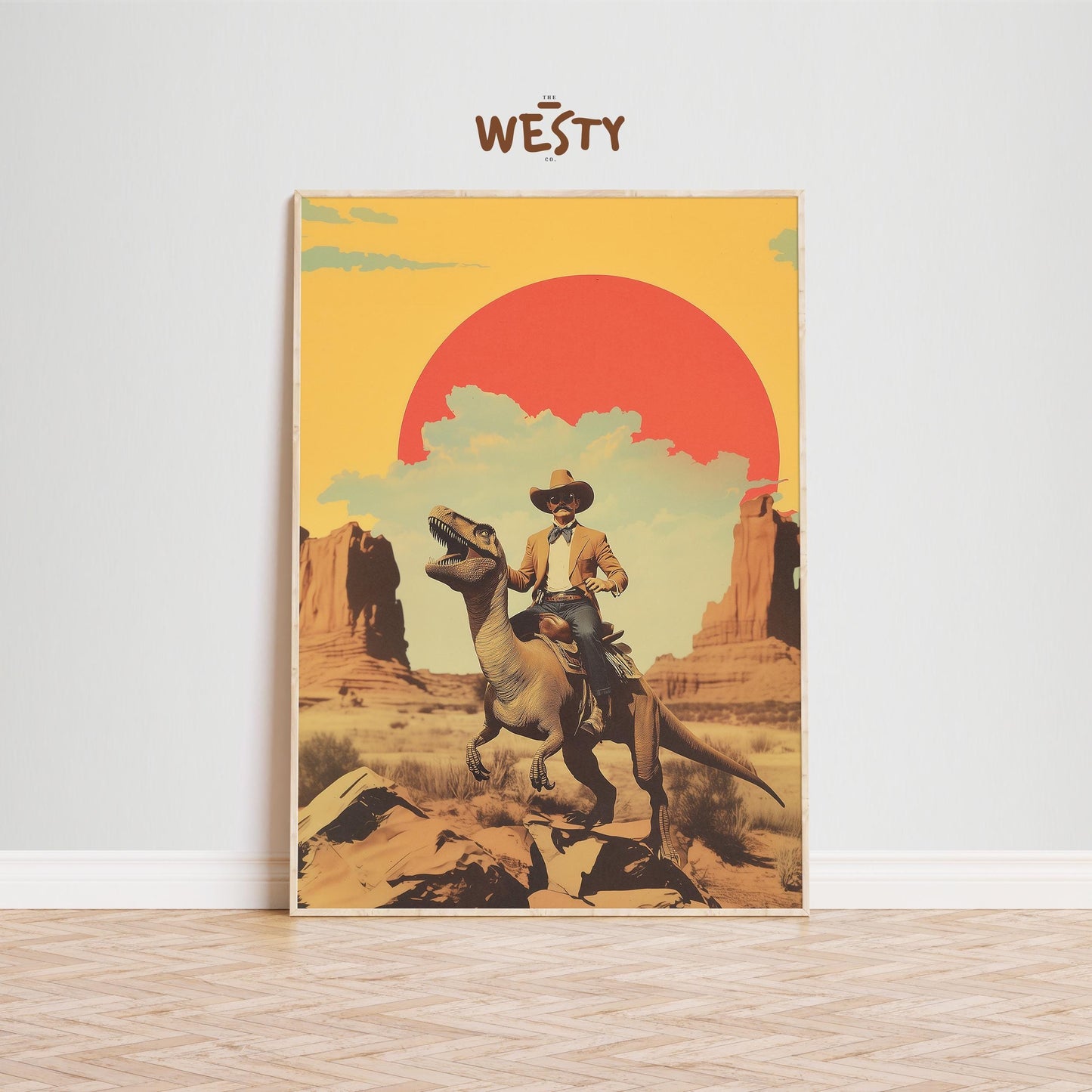 Cowboy Riding Dinosaur Poster – Retro Wild West Art Print