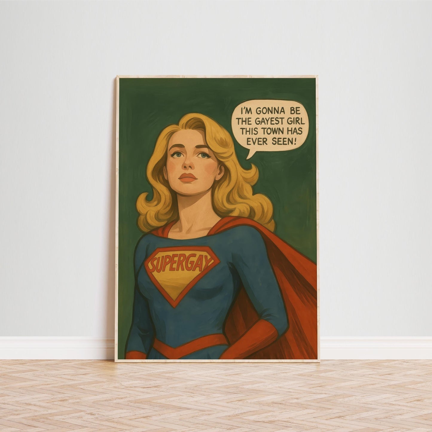 Queer Pride Wall Art – Bold Supergay Superhero Comic Print for Pride Season