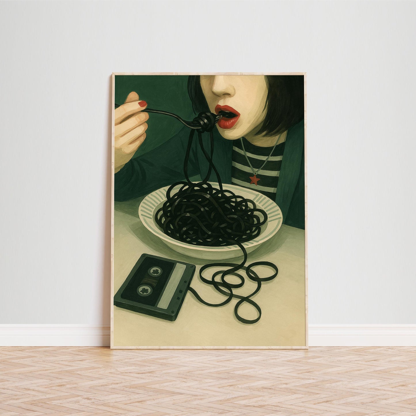 Retro Music Poster – Surreal Art Print With Cassette Tape Noodles & Quirky Wall Decor