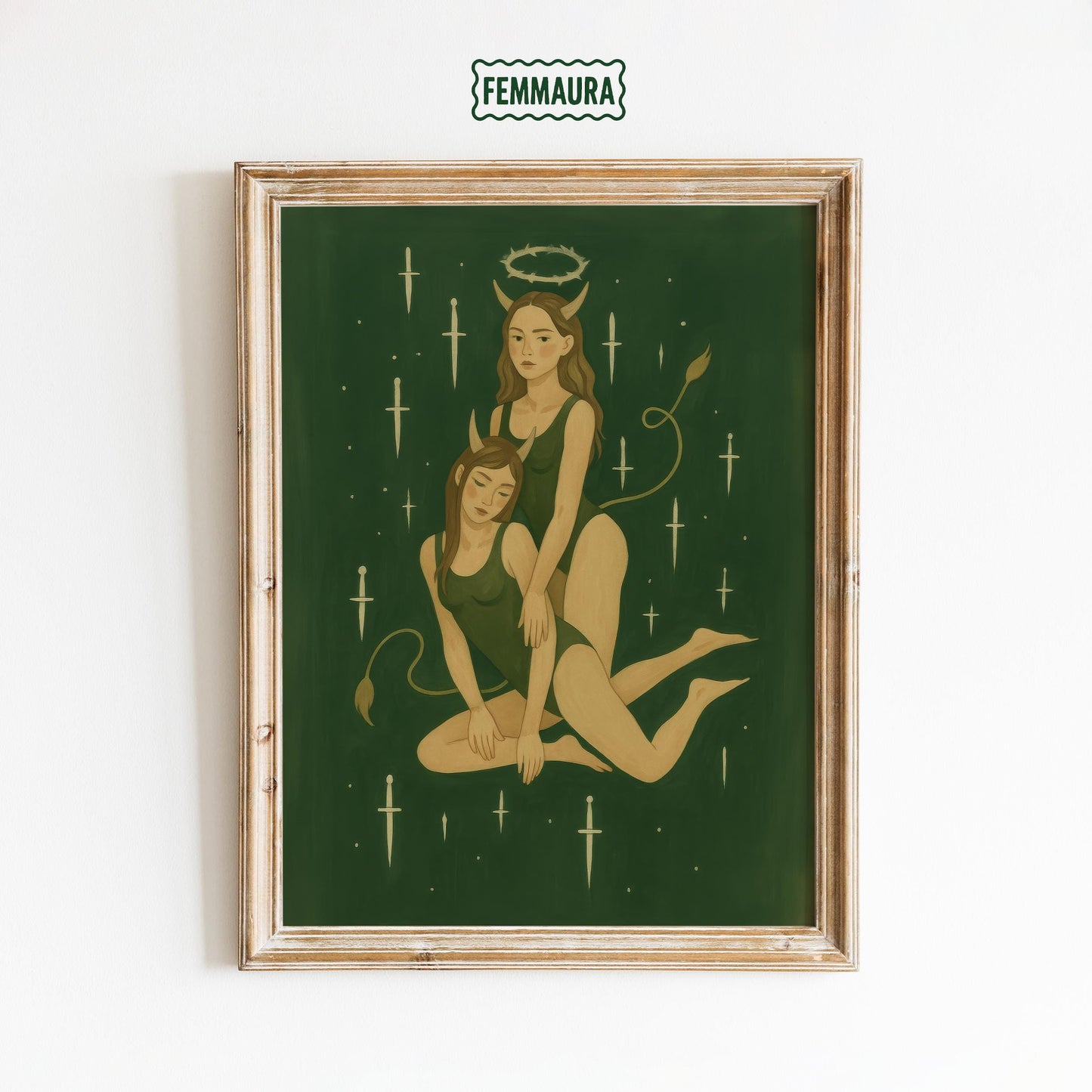 Feminine Gothic Wall Art – Dark Fantasy Print | Green Minimalist Poster