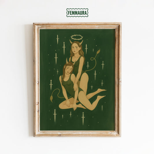 Feminine Gothic Wall Art – Dark Fantasy Print | Green Minimalist Poster