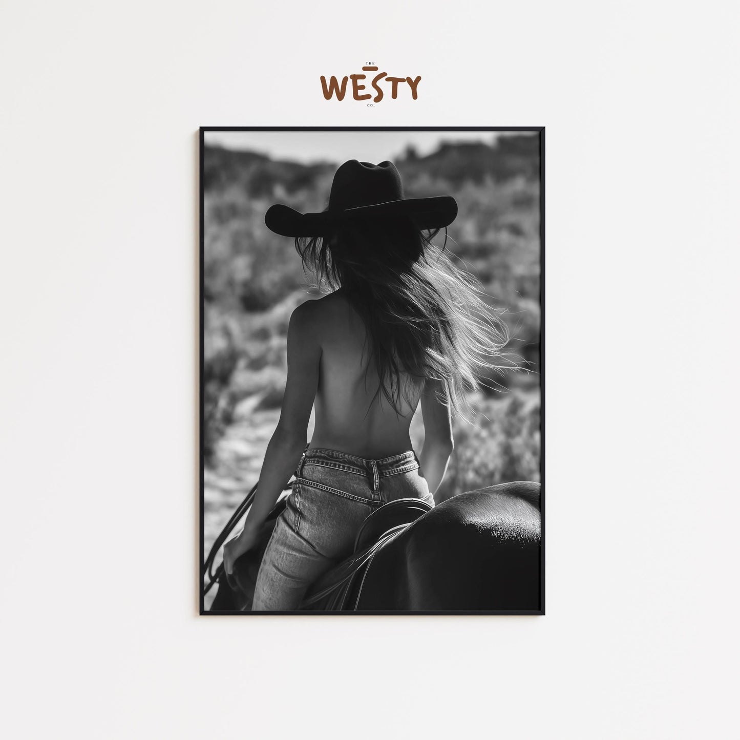 Topless Cowgirl on Horse – Black and White Western Wall Art