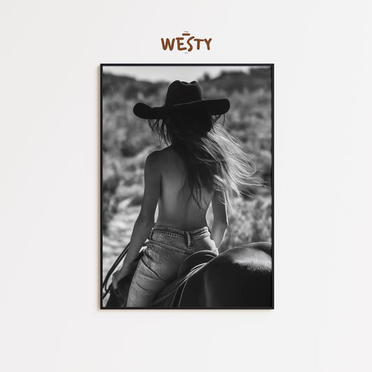 Topless Cowgirl on Horse – Black and White Western Wall Art