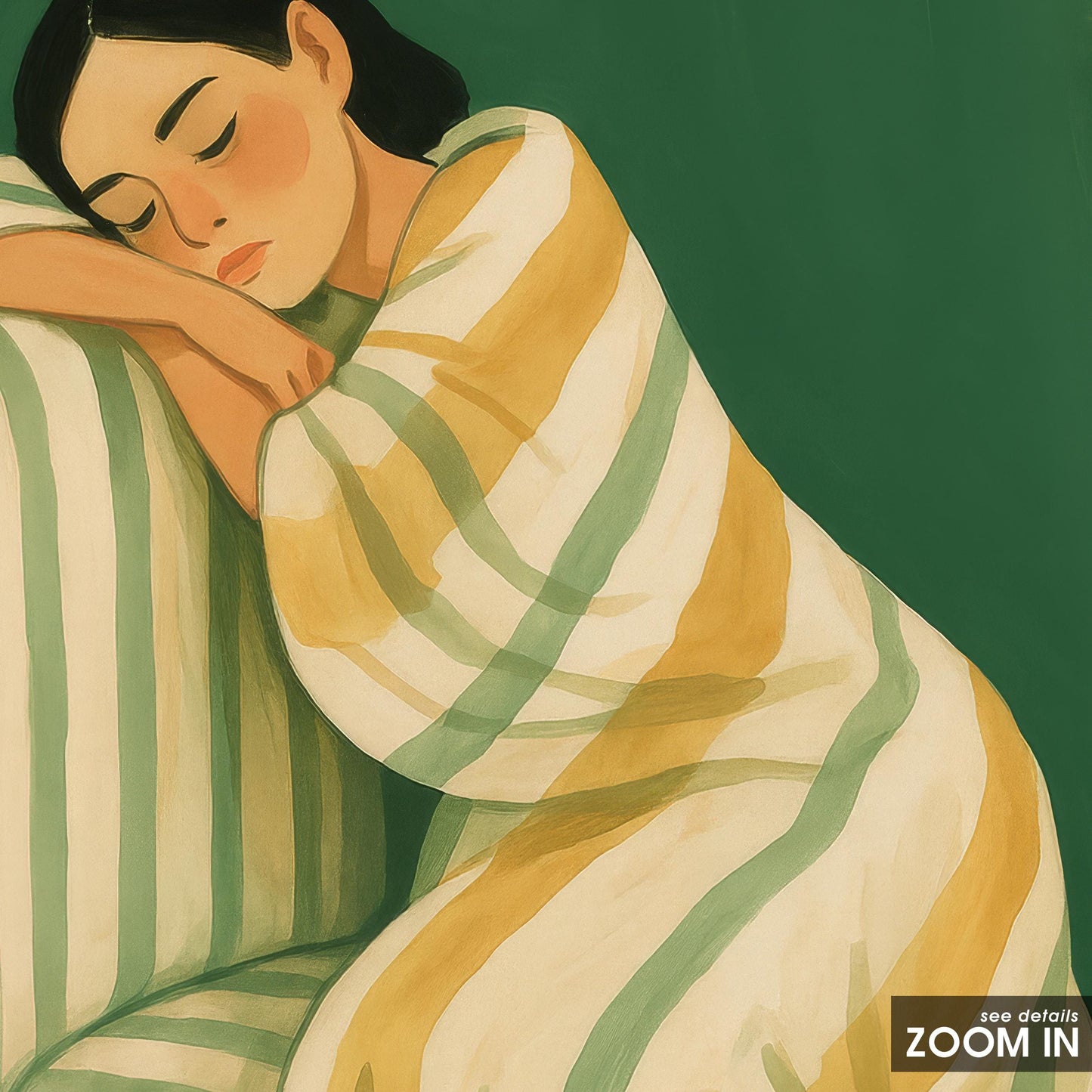 Striped Chair Girl Poster – Calm Resting Art | Green Yellow Decor & Cozy Wall Print