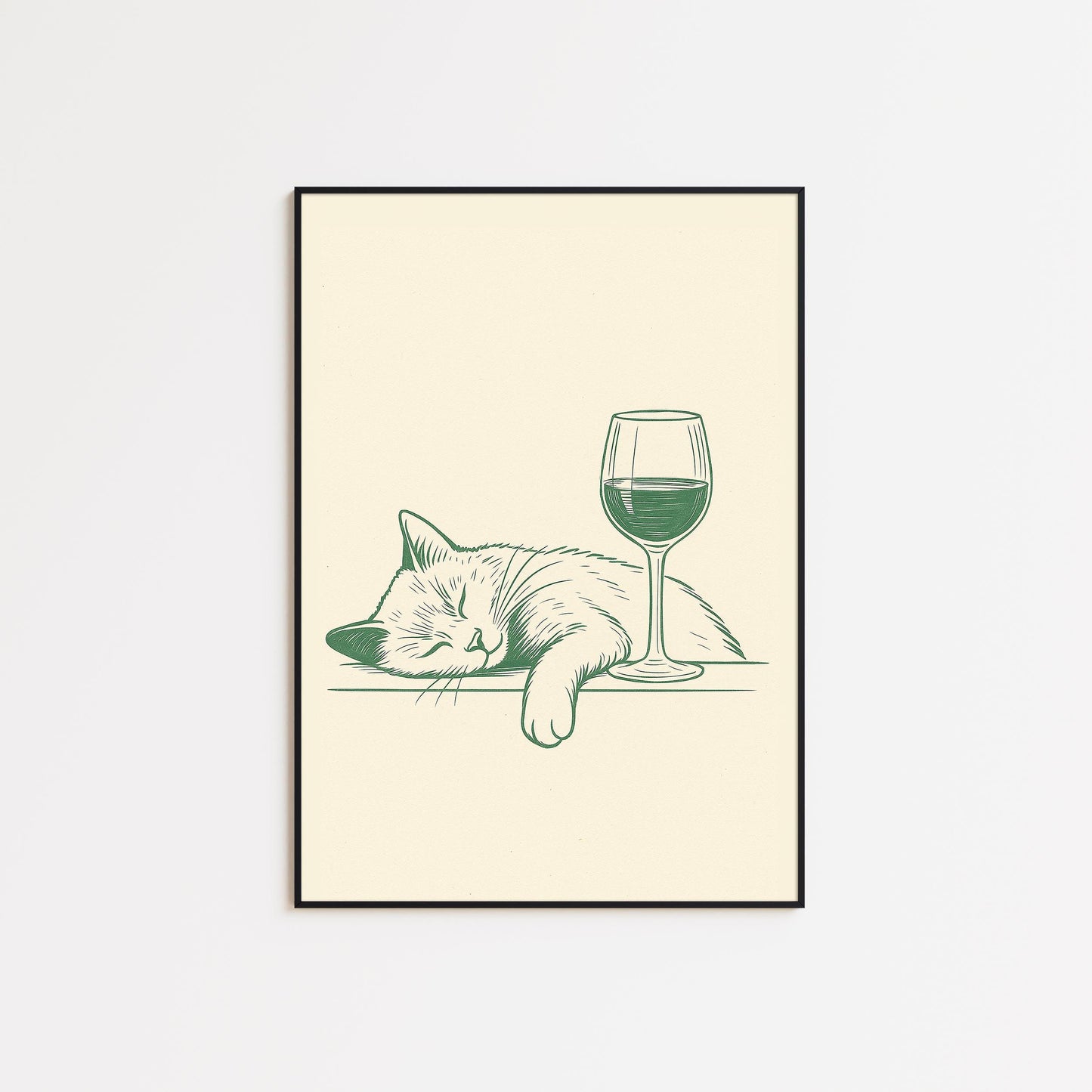 Cat and Wine Poster – Funny Minimalist Line Art, Cozy Retro Wall Art for Home