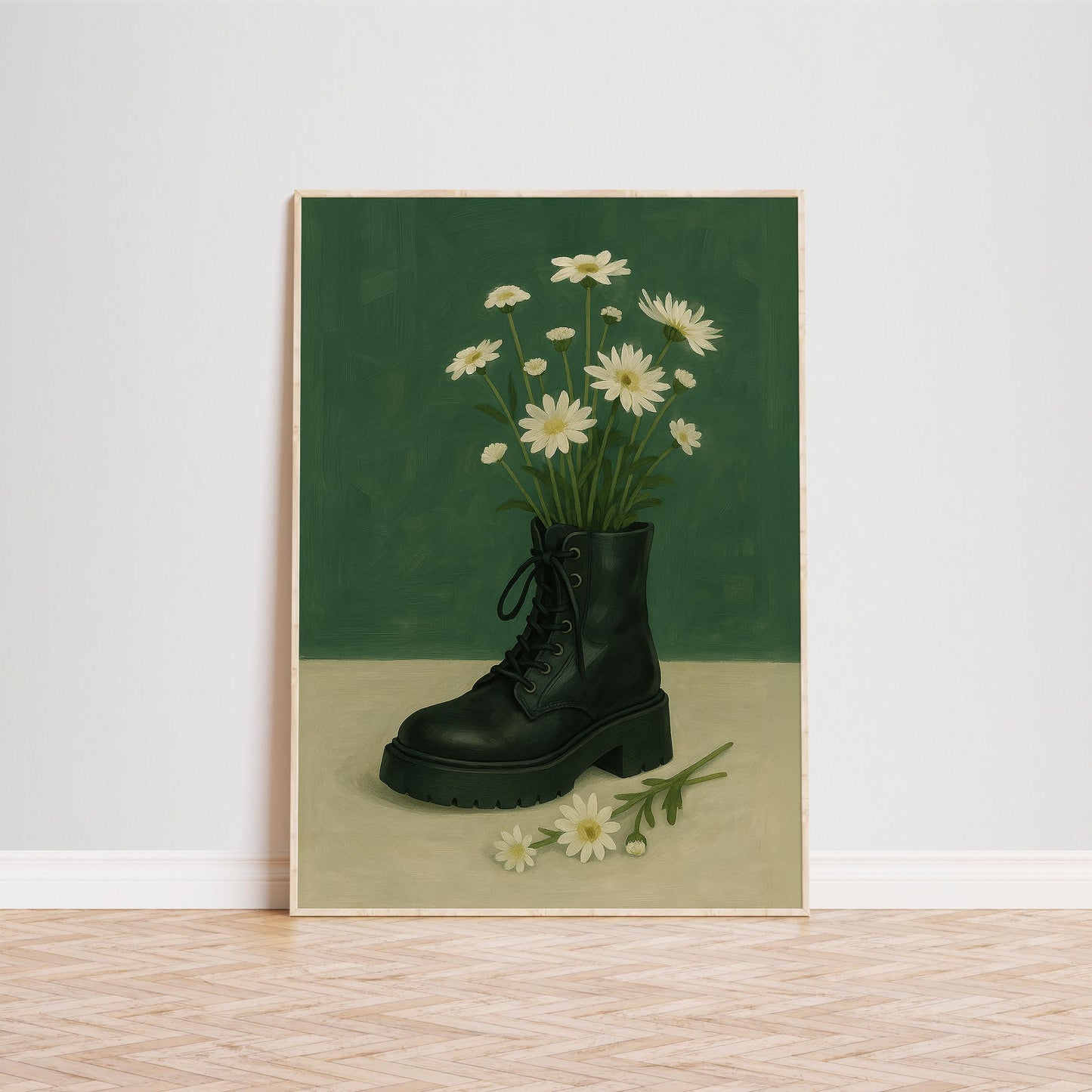 Combat Boot Art Print – Feminine Strength Botanical Wall Art With Daisies