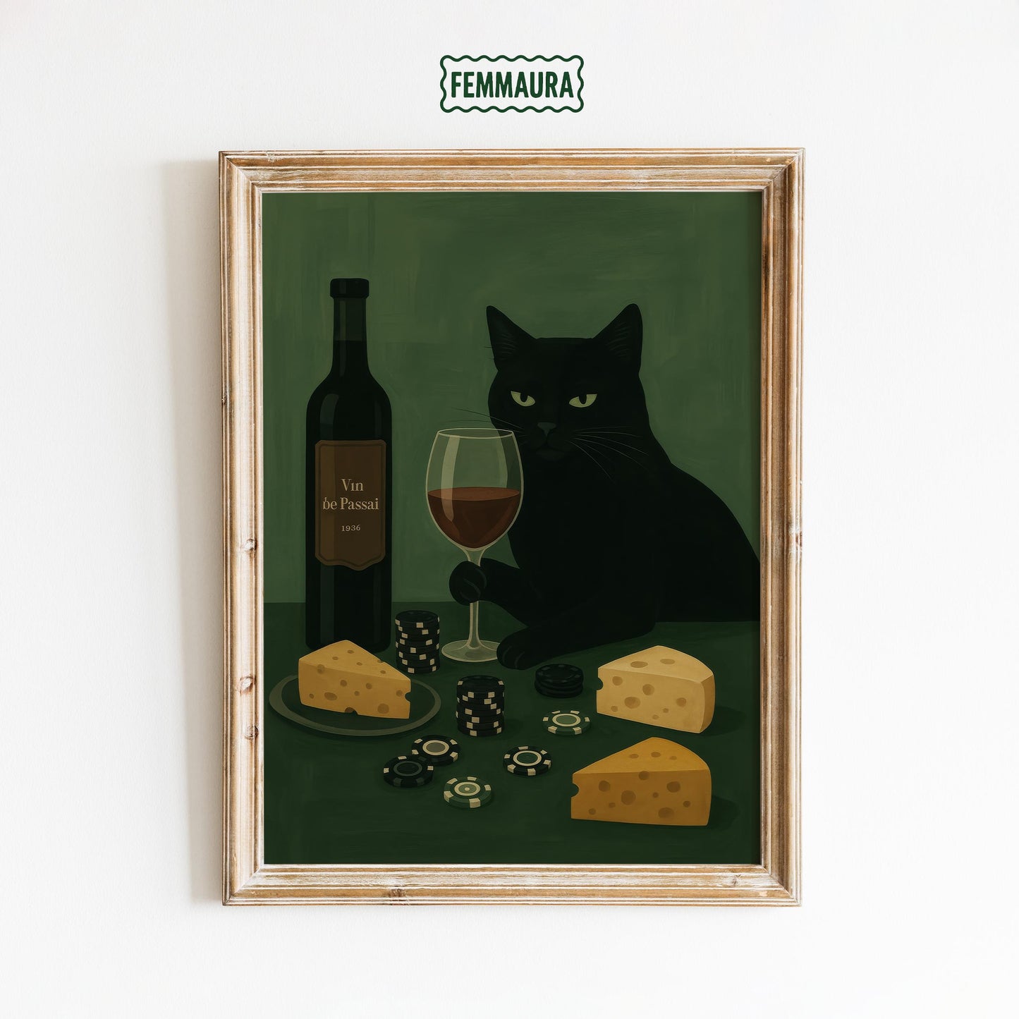 Black Cat Wall Art – Playful Wine and Cheese Decor | Cozy Bar Poster