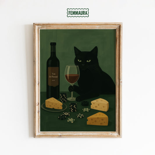 Black Cat Wall Art – Playful Wine and Cheese Decor | Cozy Bar Poster