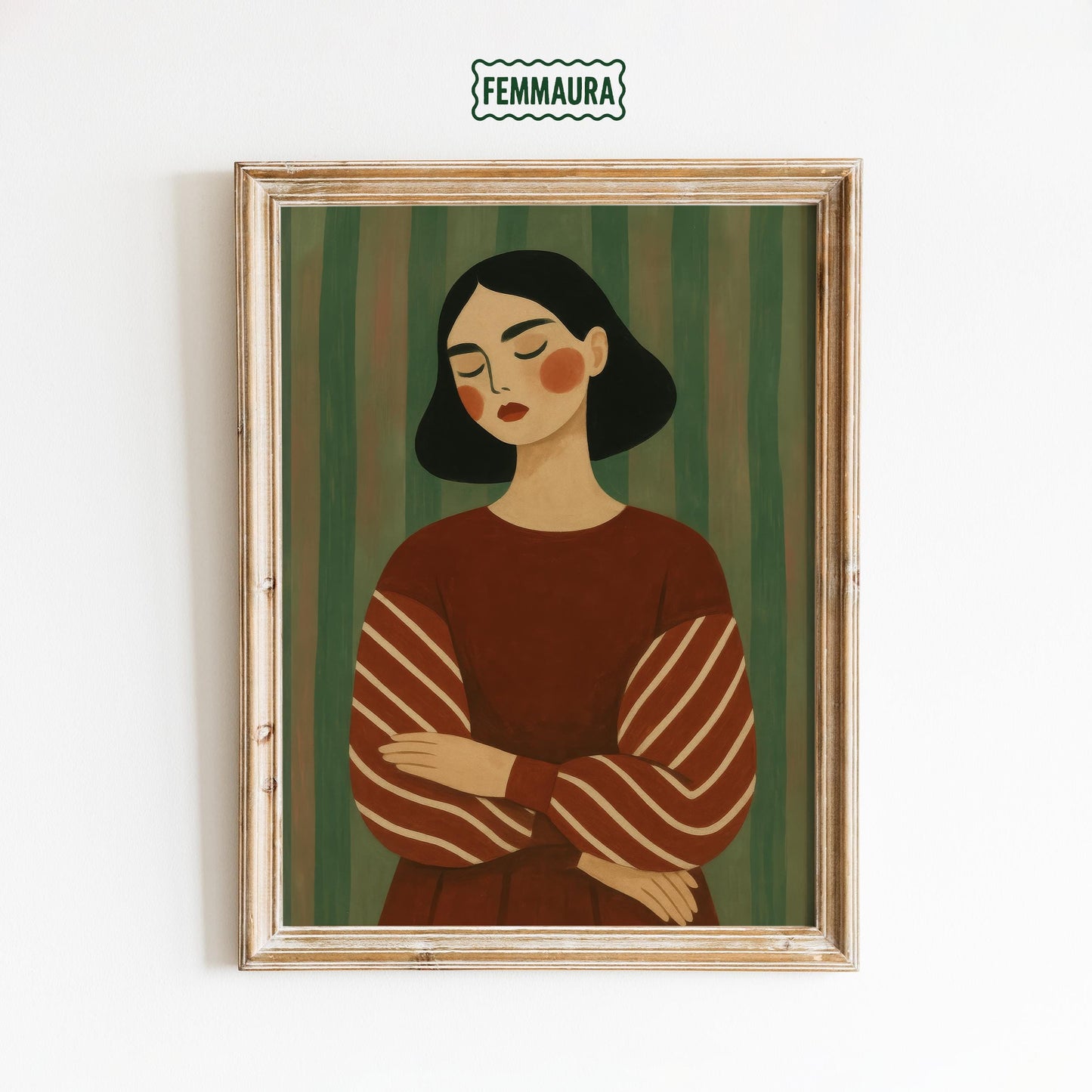 Moody Girl Poster – Emotional Portrait Art | Red Dress Wall Decor, Retro Stripe