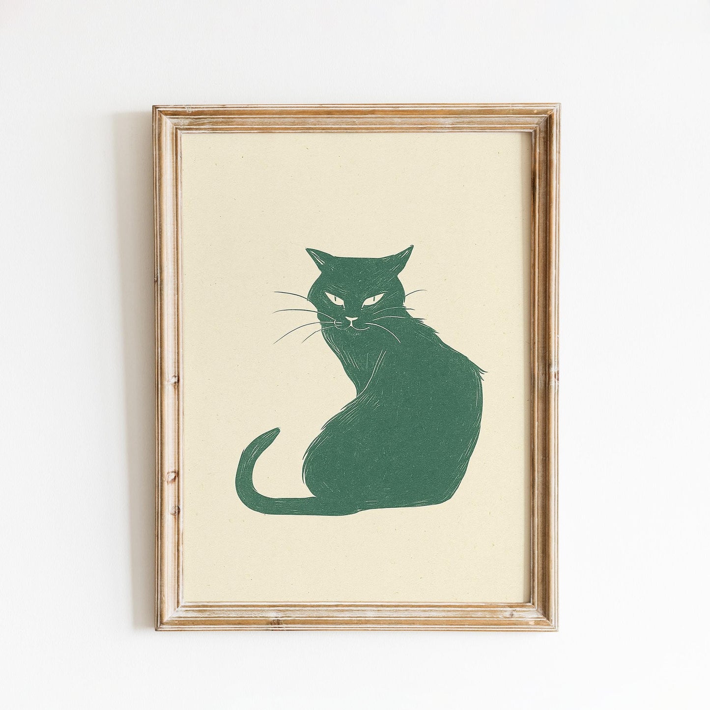 Confident Cat Poster – Minimal Line Art Print, Moody Green Feline Wall Decor