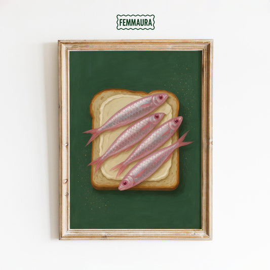 Retro Food Poster – Quirky Sardine Toast Pop Art Print for Kitchen Wall Decor