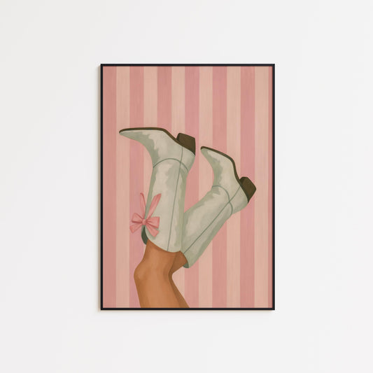 White Cowgirl Boots Feminine Western Art – Pink Striped Poster with Bow