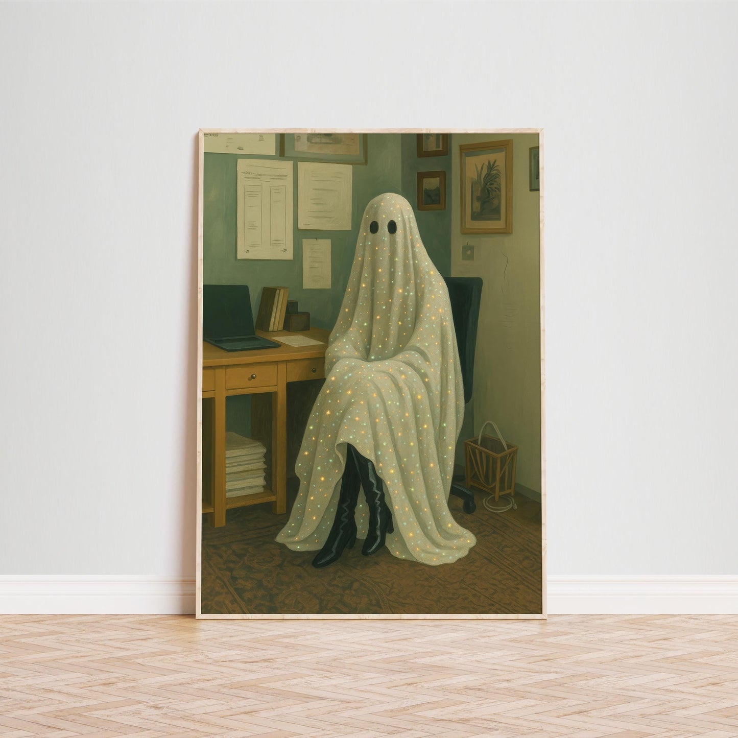 Quirky Gothic Wall Art – Surreal Ghost Print With Office Chair Decor