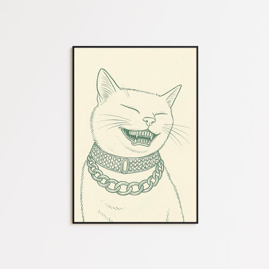 Laughing Cat Poster – Funny Line Art Print, Retro Minimal Animal Illustration