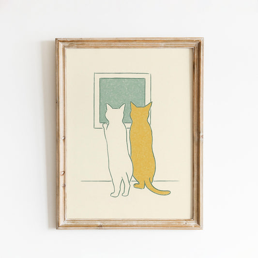Companion Cats – Minimal Line Art Poster, Two Cats at Window Illustration