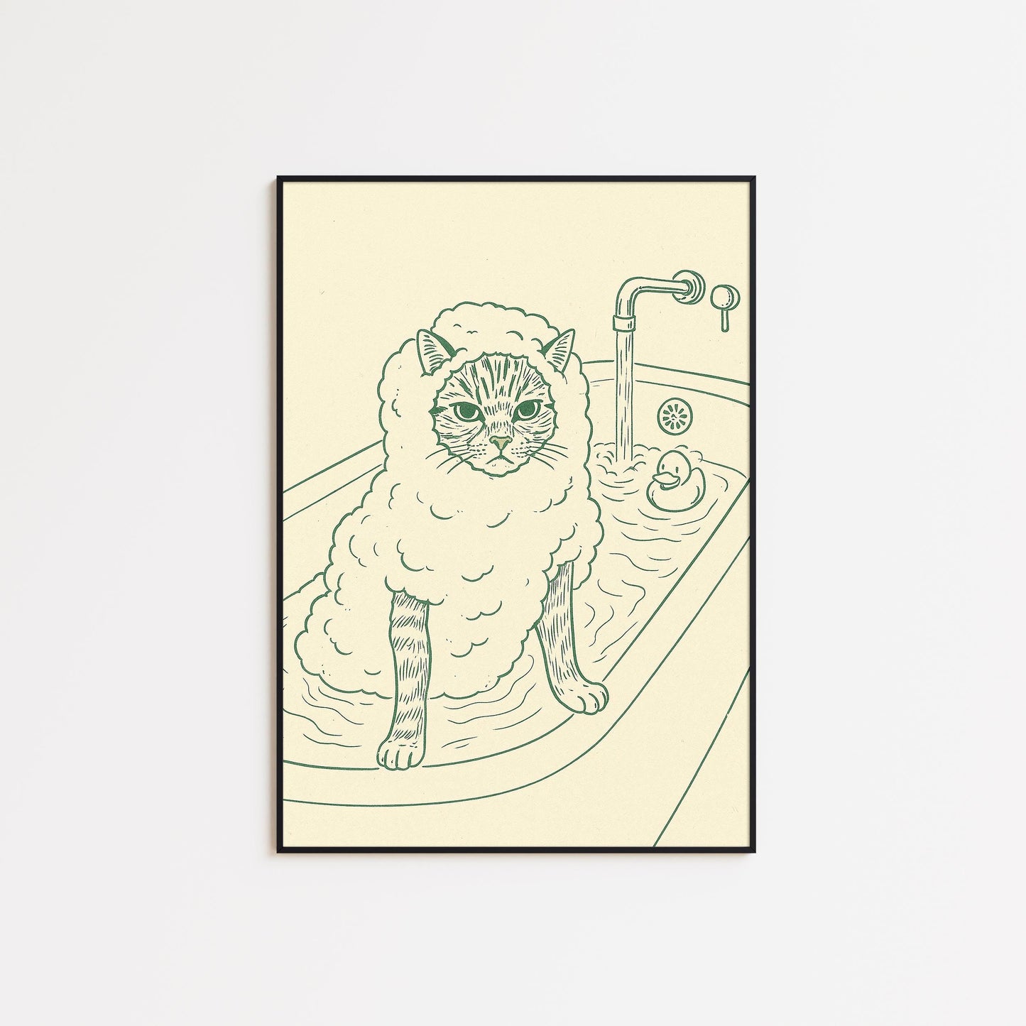 Cat in Bath Line Art Print – Minimalist Bathroom Wall Art, Funny Animal Poster