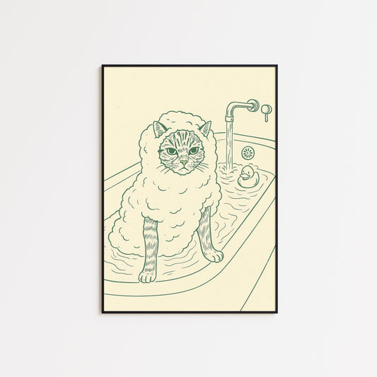 Cat in Bath Line Art Print – Minimalist Bathroom Wall Art, Funny Animal Poster