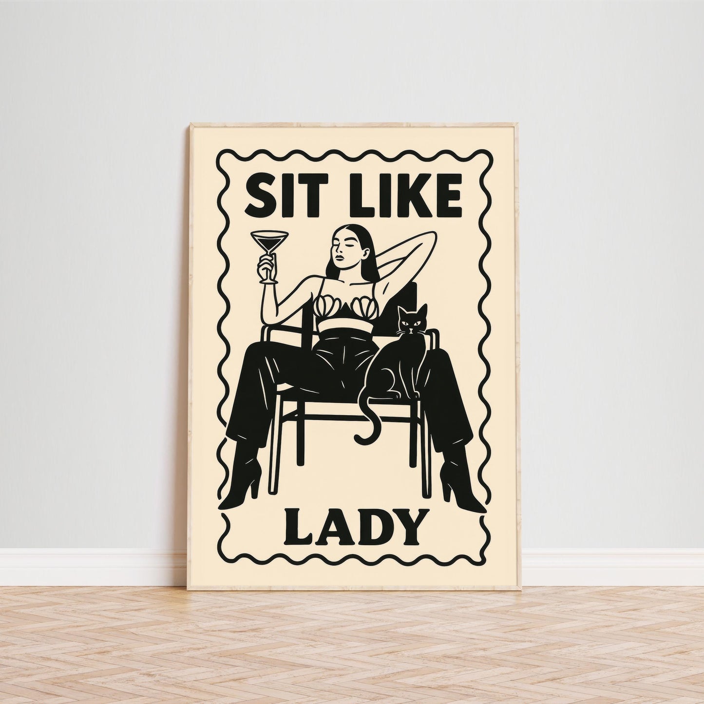 Femme Boss Wall Art – Powerful Femme Poster With Black Cat & Martini Attitude