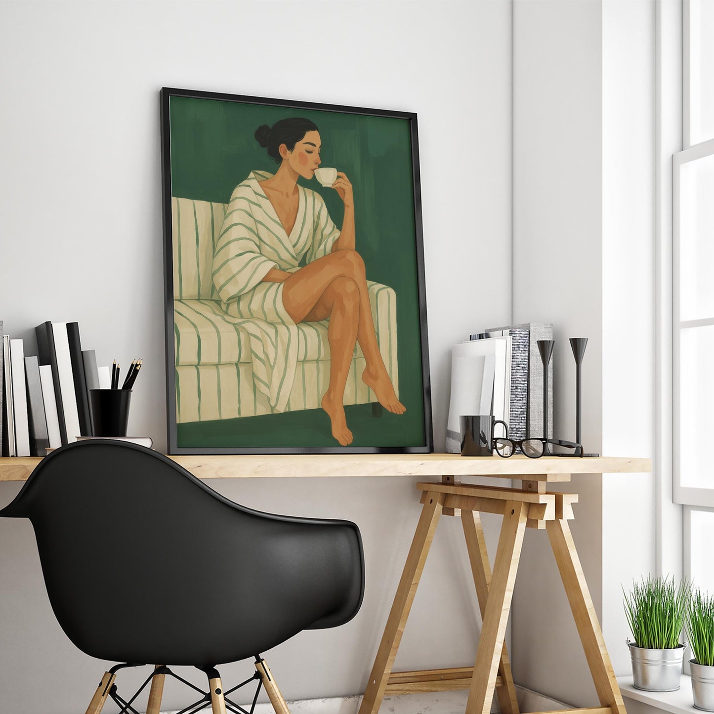 Calm Feminine Art Print – Morning Ritual Artwork | Striped Robe Wall Art