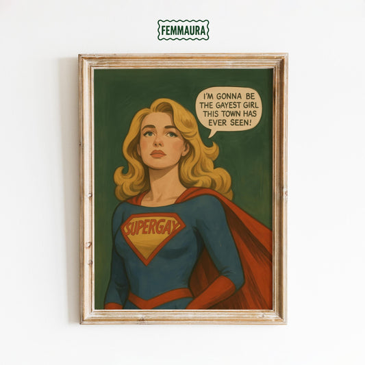 Queer Pride Wall Art – Bold Supergay Superhero Comic Print for Pride Season