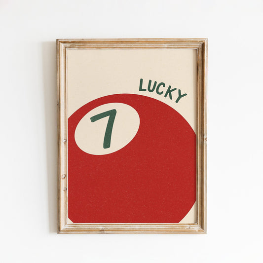 Lucky 7 Poster – Vintage Red Billiard Ball Print – Retro Wall Art – Game Room Decor