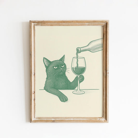 Funny Cat with Wine Print – Minimalist Line Art