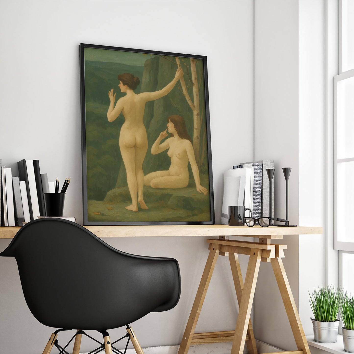 Forest Nudes Poster – Feminine Nature Art With Earthy Green Tones & Pastoral Scene