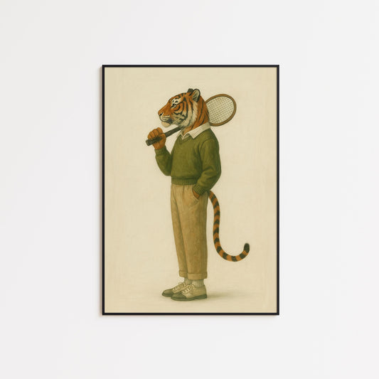 Vintage Tennis Poster – Tiger Wall Decor | Retro Sports Print Gouache Illustration