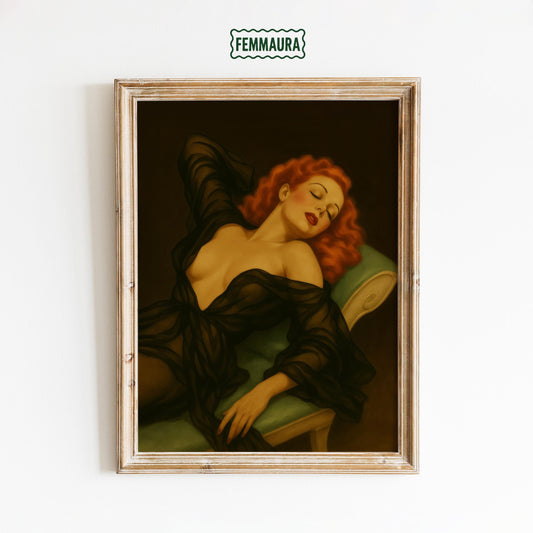 Vintage Femme Fatale Art – Glamorous Redhead Boudoir Wall Decor Print