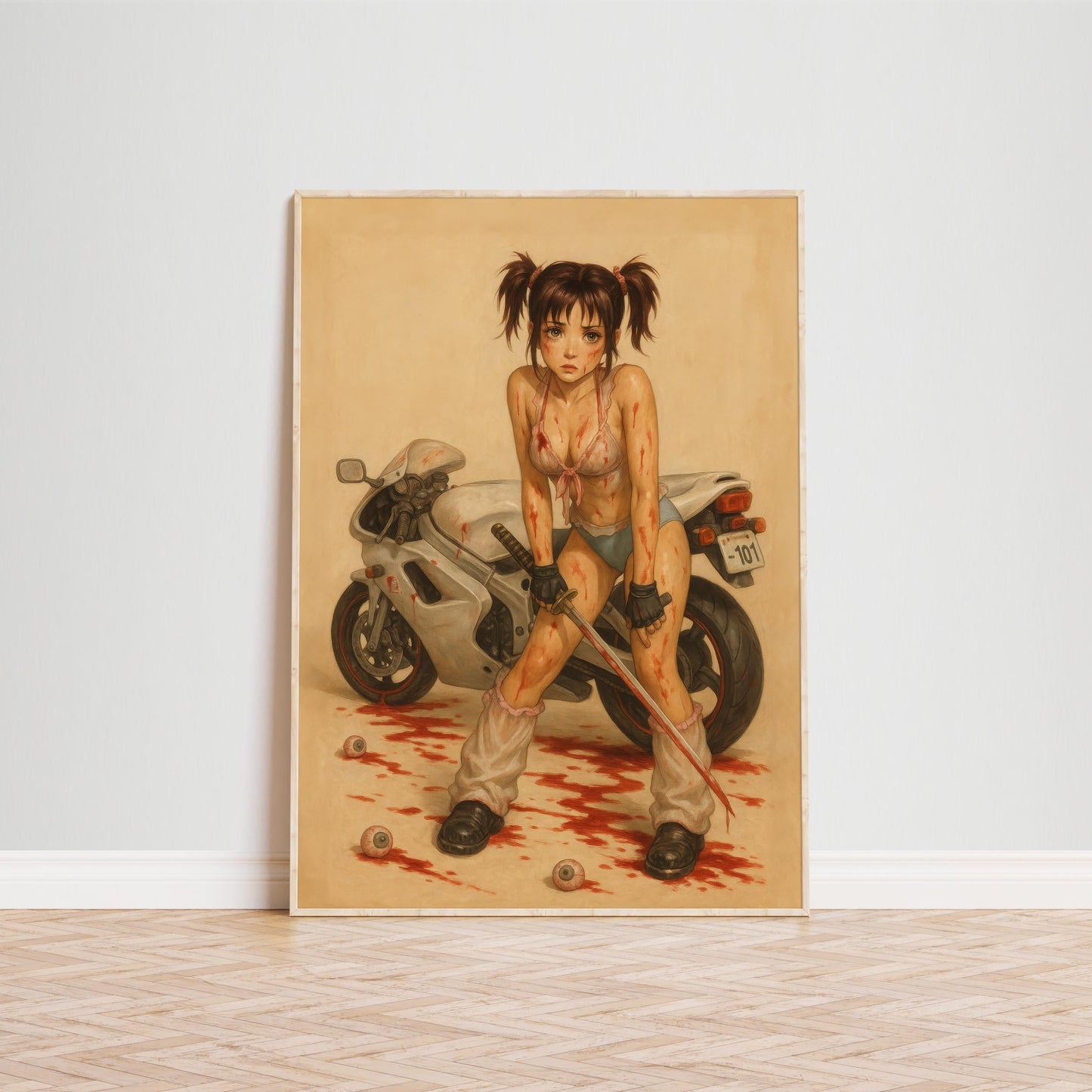 Anime Warrior Art Print – Bloody Biker Girl Femme Fatale Poster With Katana