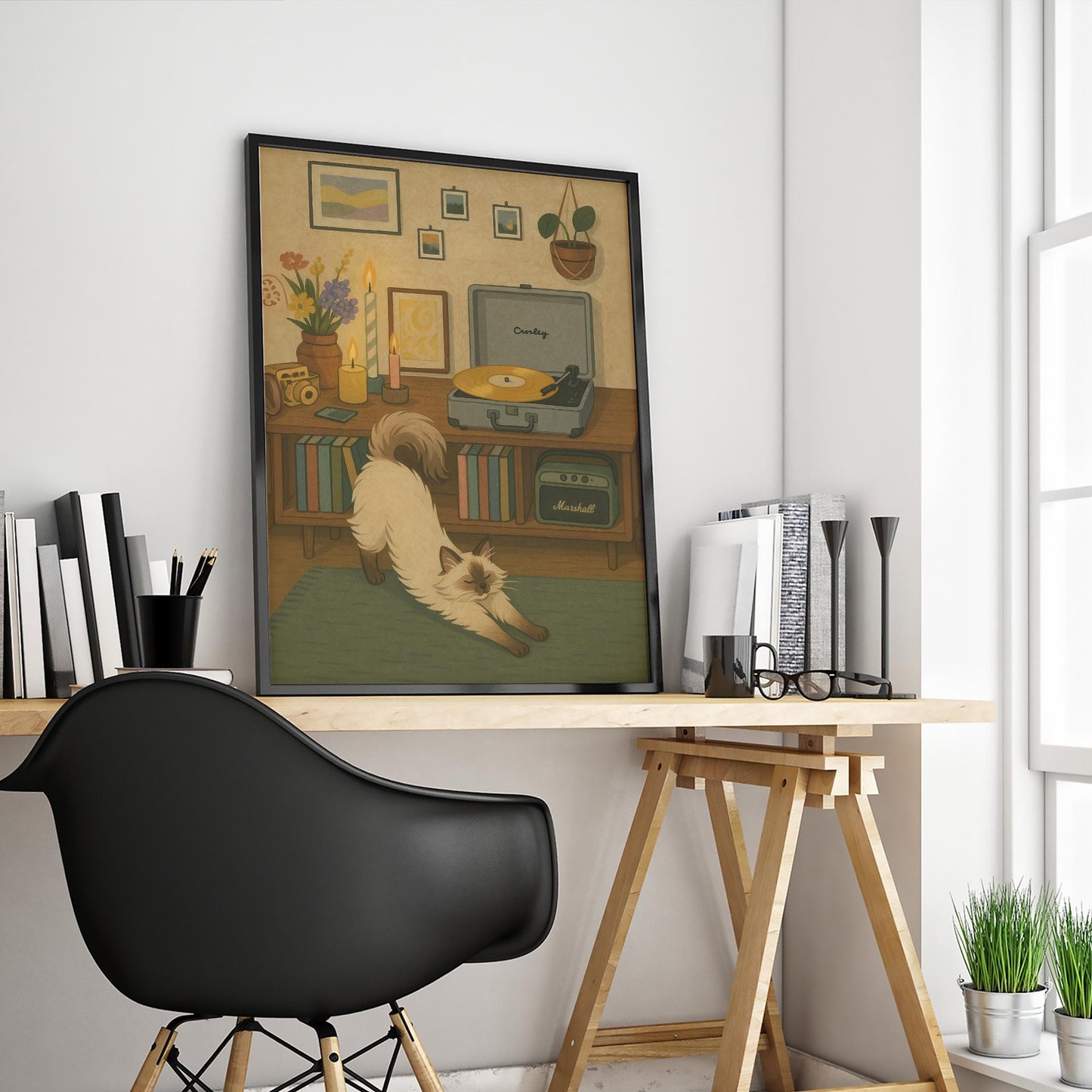 Cozy Cat Art Print – Vintage Vinyl Print | Gouache Illustration, Warm Aesthetic Poster