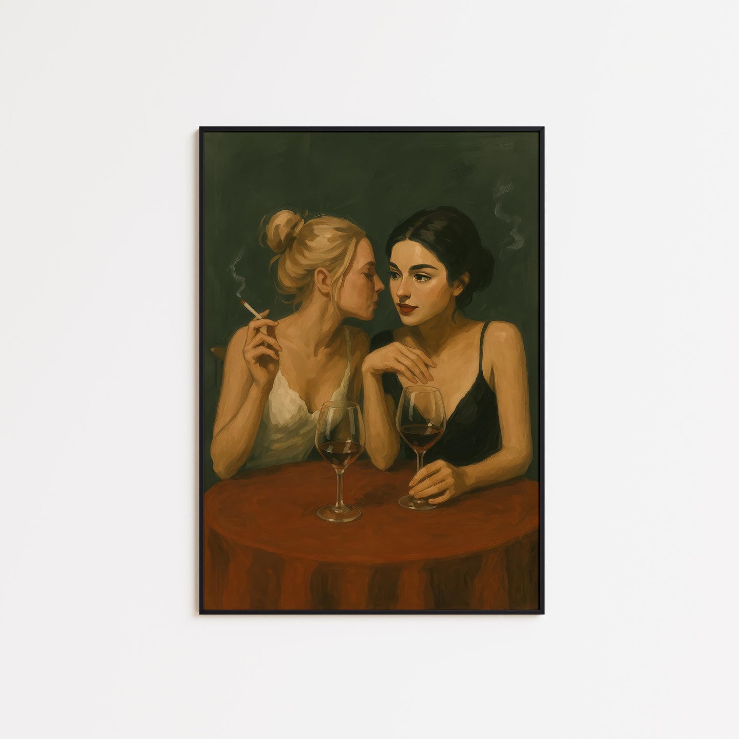 Romantic Bar Art Print – Intimate Lesbian Couple Sapphic Romance Wall Decor