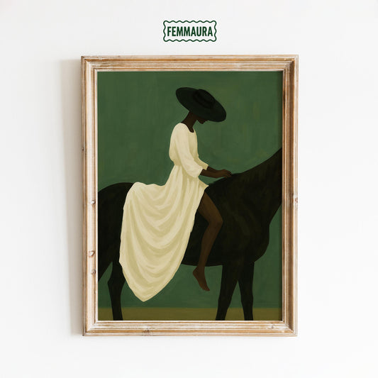 Minimal Western Art Print – Elegant Feminine Silhouette Horse Poster | Rustic Chic Decor