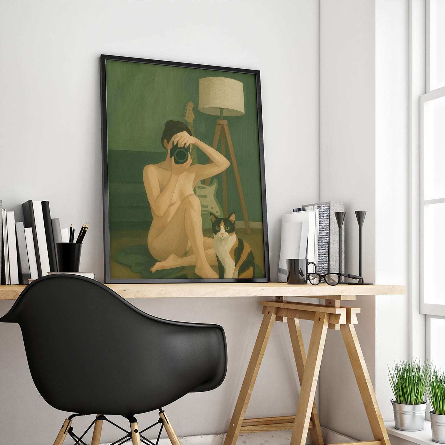 Feminine Intimate Wall Art – Self Portrait Art with Woman and Cat Poster