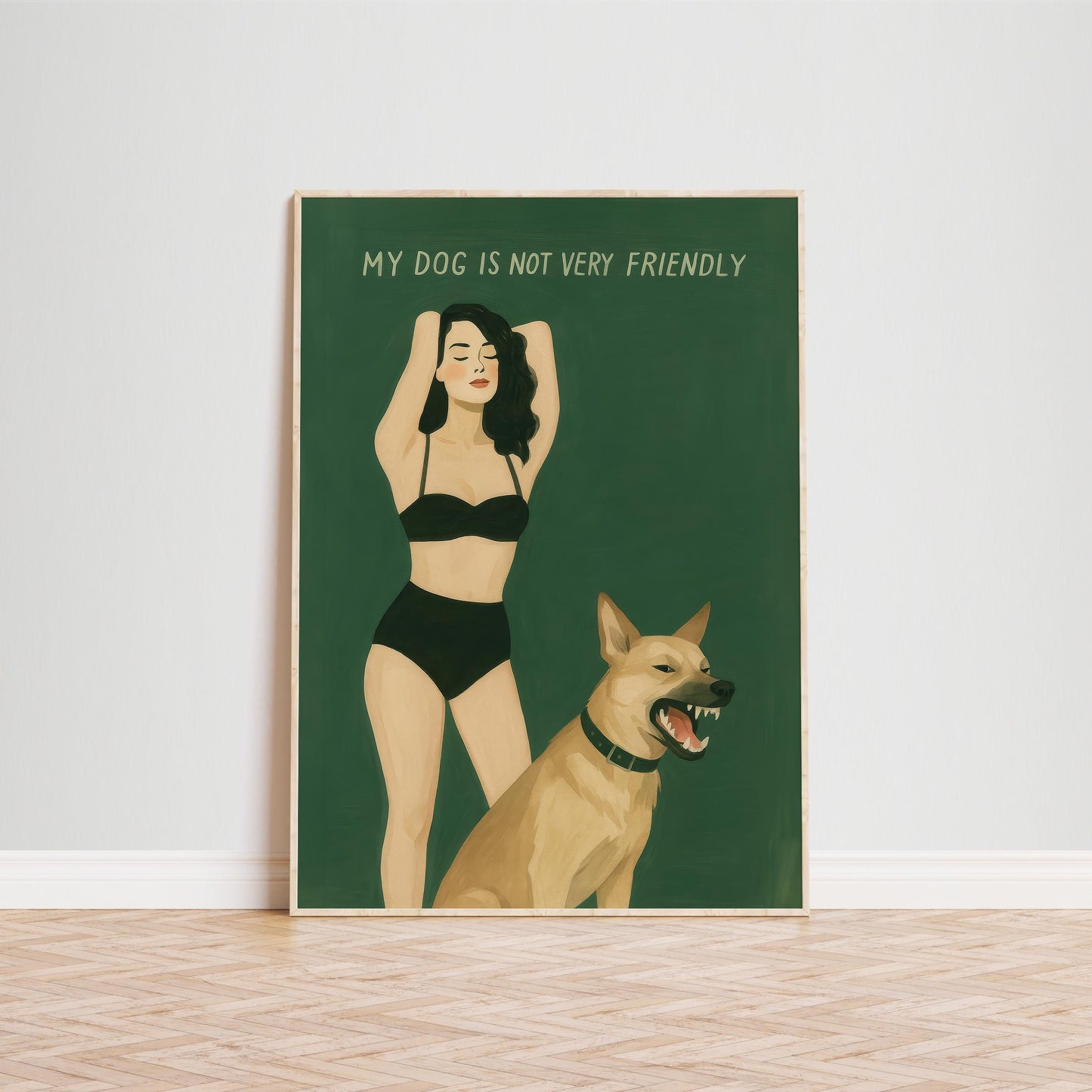 Dog Art Print – Bold Retro Woman & Protective Dog Illustration | Green Wall Decor