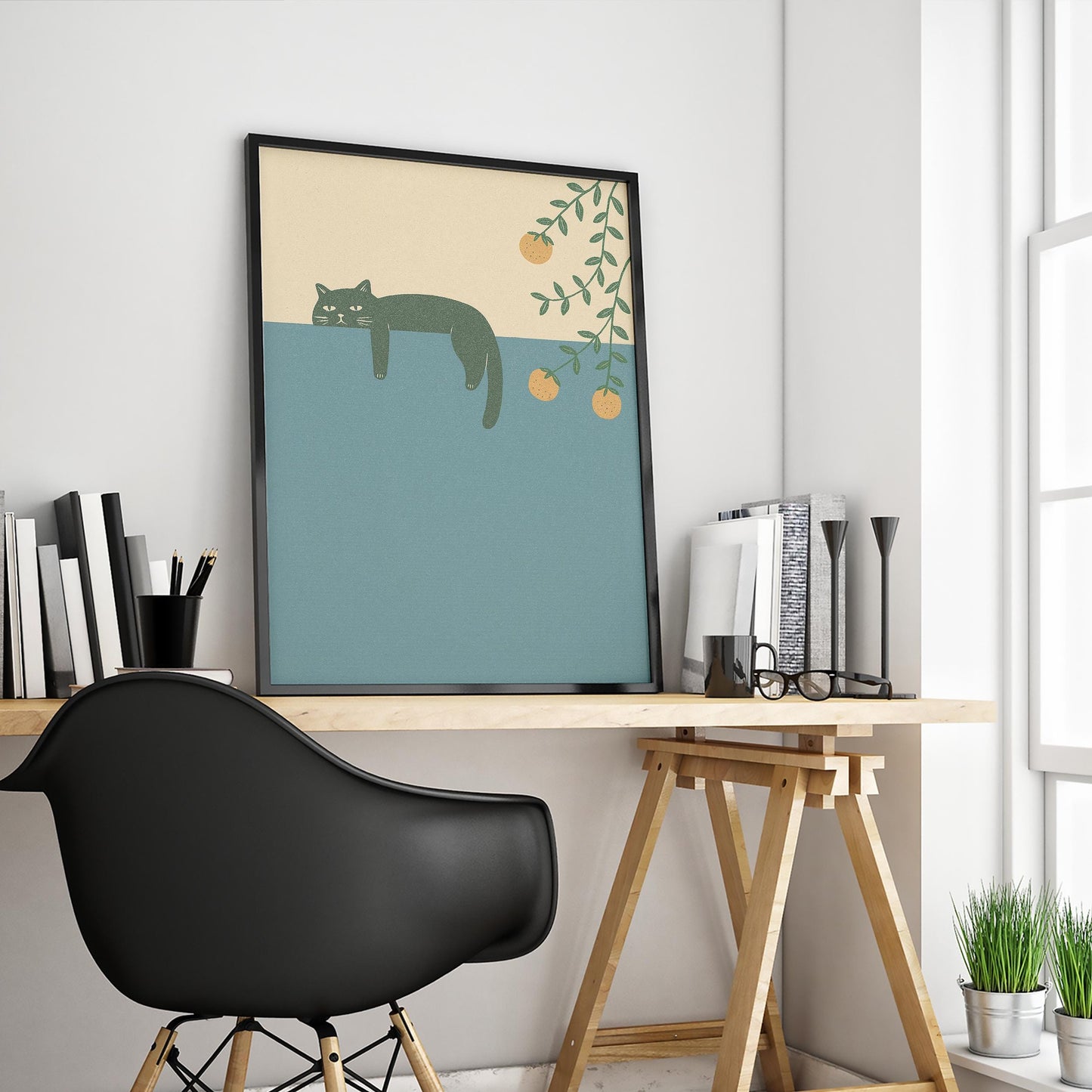 Lazy Summer Cat – Minimal Line Art Poster, Warm Mediterranean Wall Print
