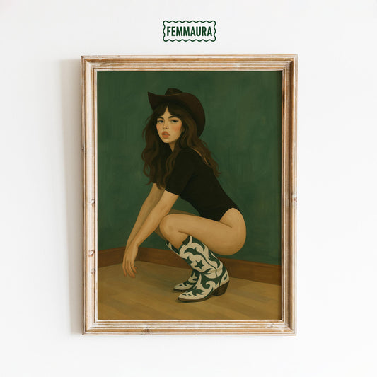 Cowgirl Squat Poster – Vintage Feminist Western Wall Art | Bold Cowgirl Boots