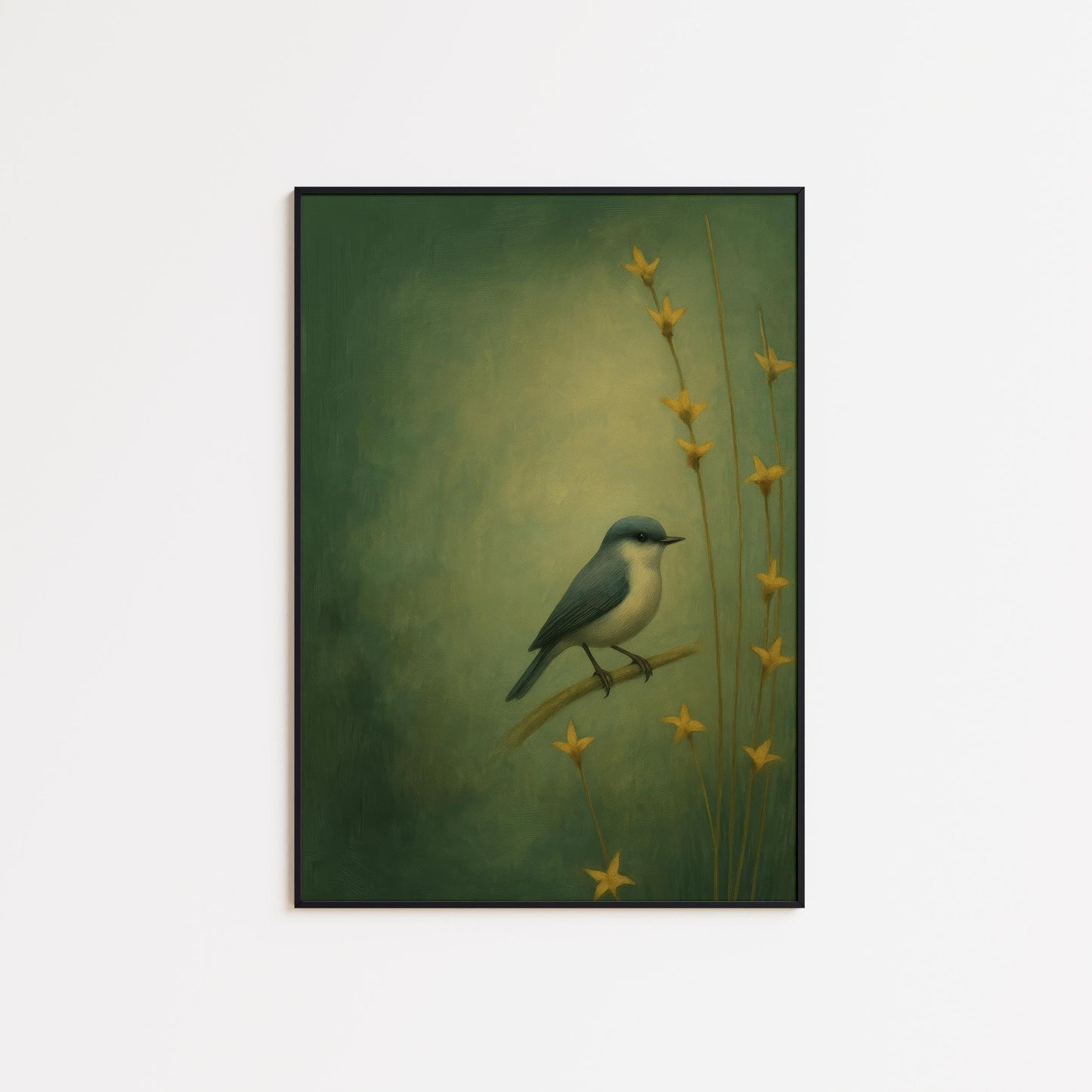 Moody Green Wall Art – Serene Bird Wall Print With Yellow Flower Art