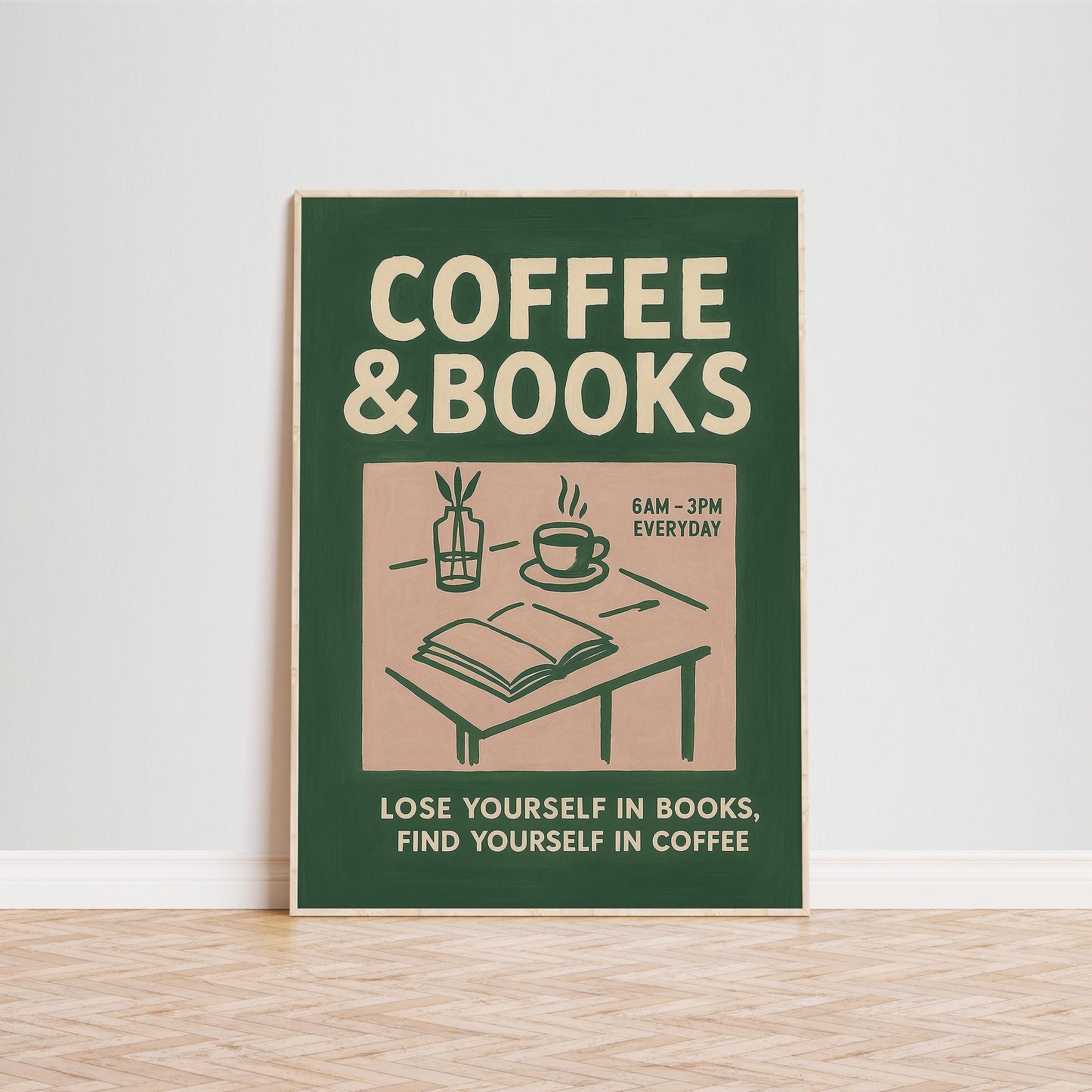Coffee Books Poster – Cozy Reading Art With Warm Green Library Wall Decor