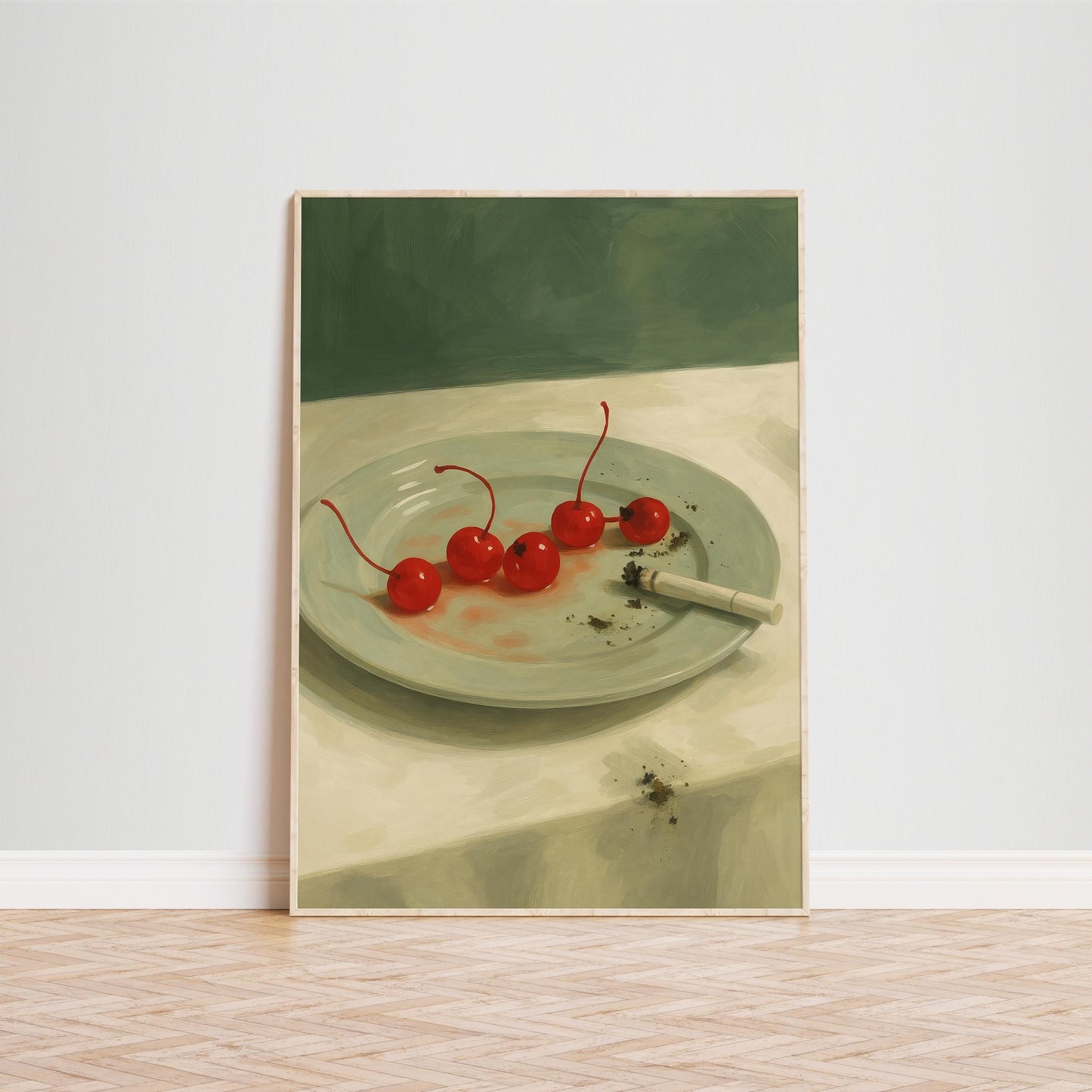 Dark Still Life Art – Retro Wall Artwork With Cherries and Cigarette Print