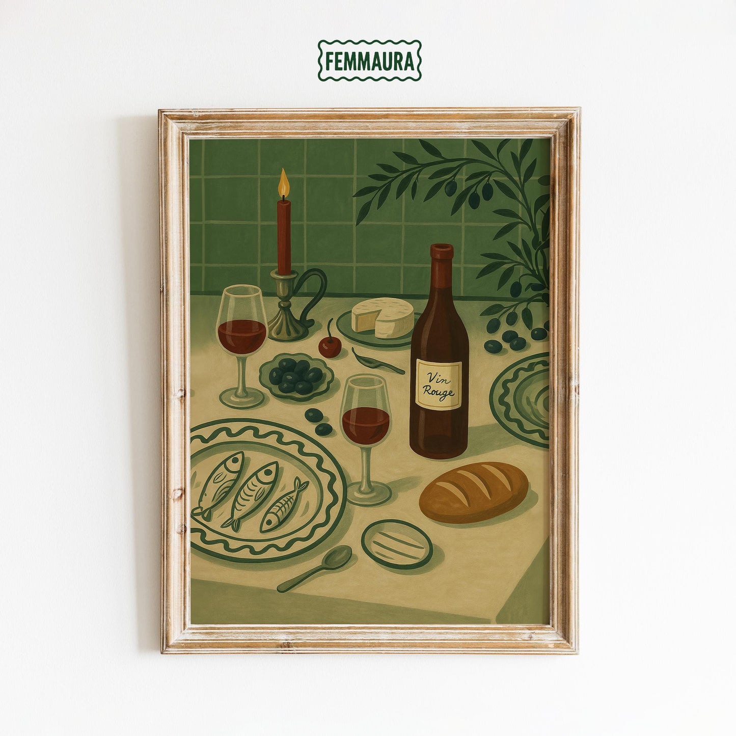Vin Rouge Poster – French Kitchen Art With Retro Dining Scene & Olive Green Decor