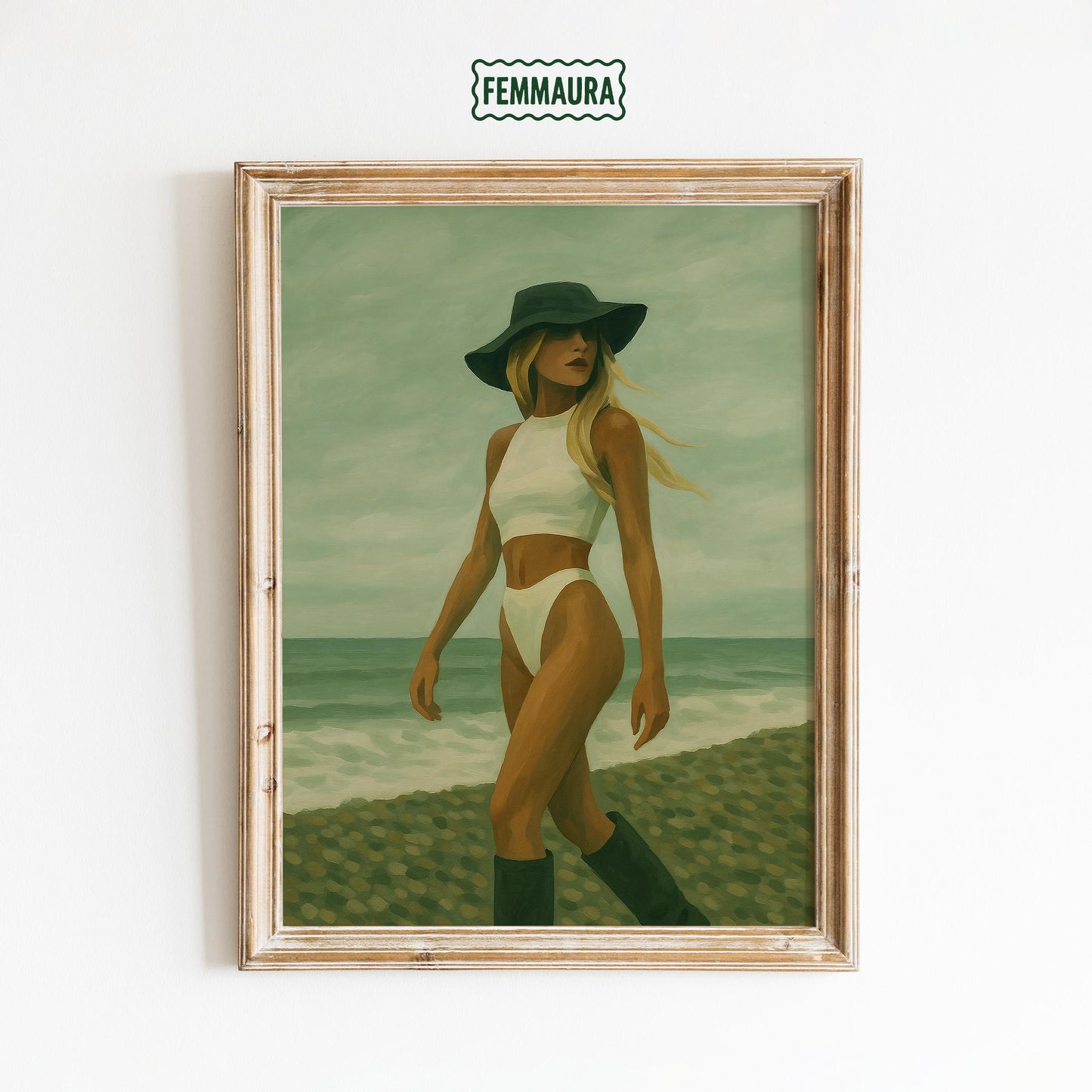 Retro Beach Poster – Minimalist Wall Art With Stylish Woman And Sandy Tone