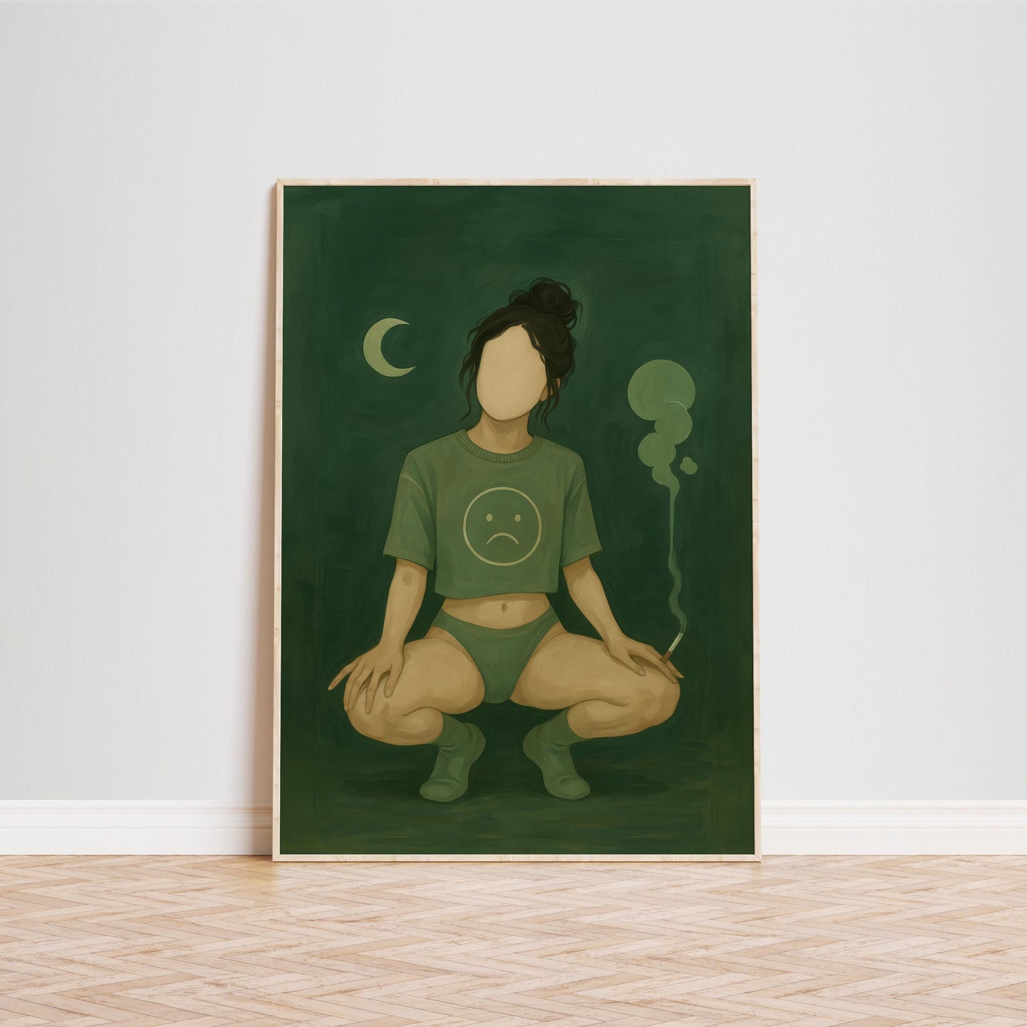 Sad Girl Moon Poster – Moody Wall Art | Green Room Art | Gen Z Bedroom Decor