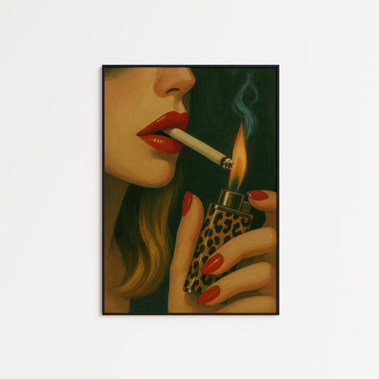 Feminine Smoking Art Print – Retro Glam Poster With Bold Lipstick & Leopard Lighter