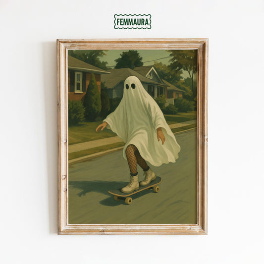 Skater Ghost Art Print – Whimsical Spooky Wall Poster | Retro Gothic Decor
