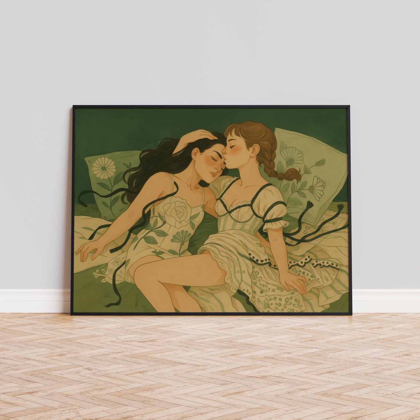 Sapphic Art Print – Tender Lesbian Embrace Floral Bedroom Wall Decor