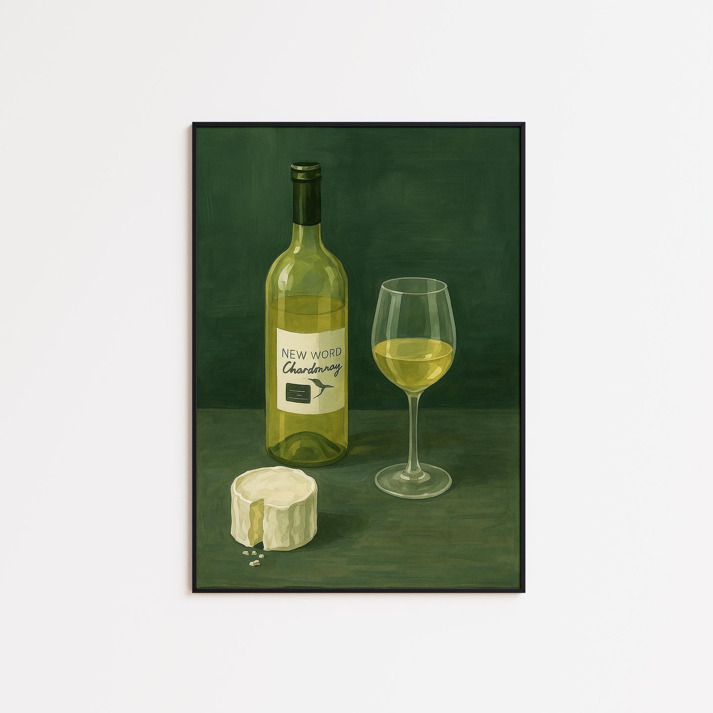 Chardonnay Cheese Poster – Minimalist Wine Print | Olive Green Vintage Wall Art